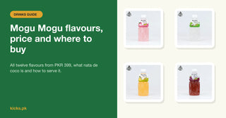 Mogu Mogu flavours and price in Pakistan, with Lychee, Coconut, Mango and Grape bottles
