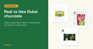 Real vs fake Dubai chocolate guide, with the Kunafa Dubai chocolate pack, KitKat Pistachio Kunafa and pistachio choco sticks