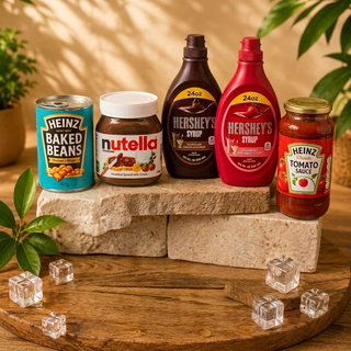Imported pantry items in Pakistan: Heinz Baked Beans, Nutella and Hershey's chocolate and strawberry syrups