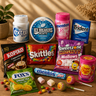 Imported candy and gum in Pakistan: Skittles, Mentos, Trident, Extra, Ice Breakers, Chupa Chups and Fox's