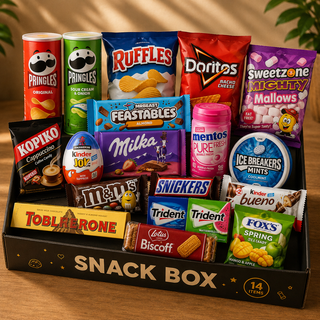 14 item snack box of imported snacks including Pringles, Doritos, Feastables, Milka, Toblerone and Lotus Biscoff