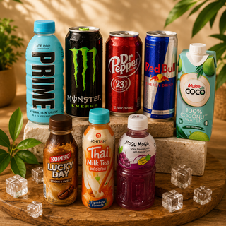 Imported drinks in Pakistan: Prime, Monster, Red Bull, Dr Pepper, Mogu Mogu and Ichitan Thai milk tea