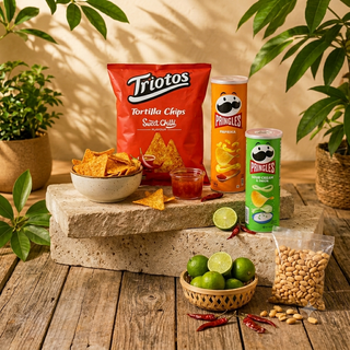 Imported chips in Pakistan: Triotos tortilla chips and Pringles with lime and chilli